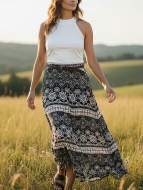 Laura Scott Black and White Boho Paisley Print Maxi Skirt With Woven Belt Size M
